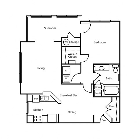 Floor plan for 1 bed, 1 bath, 873 sqft